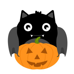 Black bat and a pumpkin. Flat vector illustration.