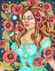Poppy flowers woman portrait, Beautiful female with closed eyes floral portrait, Meditation in Univerce
