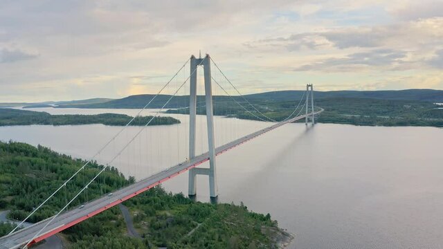 Beautiful view over H&ouml;ga Kusten bridge Sweden. High Coast, 4k drone shot,