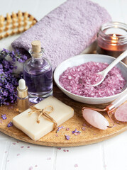 Fototapeta na wymiar Natural herb cosmetic with lavender flowers