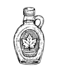 Hand drawn glass bottle with maple syrup. Vector illustration in sketch style - obrazy, fototapety, plakaty