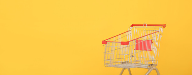 Empty shopping cart on color background with space for text