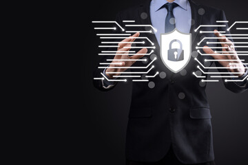 Cyber security network. Padlock icon and internet technology networking. Businessman protecting...