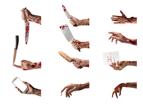 Set of human hands covered with blood on white background. Halloween celebration