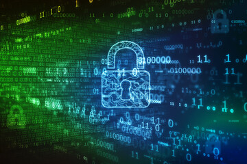 Digital Padlock on abstract technology background, Technology security concept. Modern safety digital background. Protection system, Cyber Security and safety information, personal data concept.