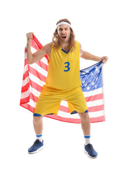 Male cheerleader with USA flag on white background