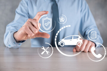 Digital composite of Man holding car icon.Car automobile insurance and car services concept....