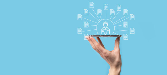 Document Management System DMS .Businessman hold doctor and document icon.Software for archiving, searching and managing corporate files and information.Internet Technology Concept.Digital security.
