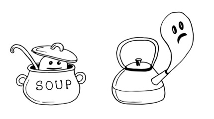Funny heloween ghosts at a kitchen hand drawn