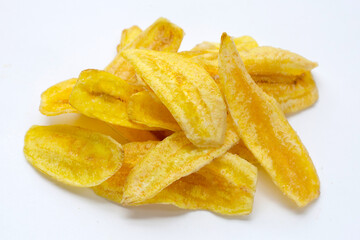Banana slice chips on white background