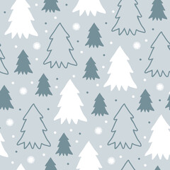 Cute winter seamless pattern with cartoon Christmas trees and snowflakes in flat style on grey-blue background. Modern simple vector illustration