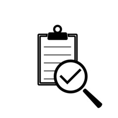 Policy compliance icon with checklist verification with magnifying glass isolated on white background