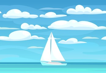 Sailing yacht. Calm blue sea. White single masted vessel with classic hull lines. Sky and clouds. View from afar. Flat style. Vector.