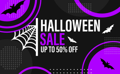 Modern trend minimalistic memephis background with geometric contrasting elements, circles and dots and text Halloween Sale discount 50 percent off. Bats and web. 
