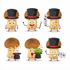 A straw mushroom Magician cartoon character perform on a stage