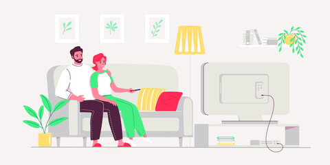 Married couple watching movie in living room. Watching movie at home. Modern lifestyle. Self-isolation. Vector illustration