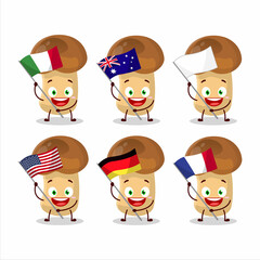 Straw mushroom cartoon character bring the flags of various countries
