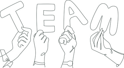 The hands hold the letters with the word team. Vector line art illustration. Set of teamwork and collaboration .