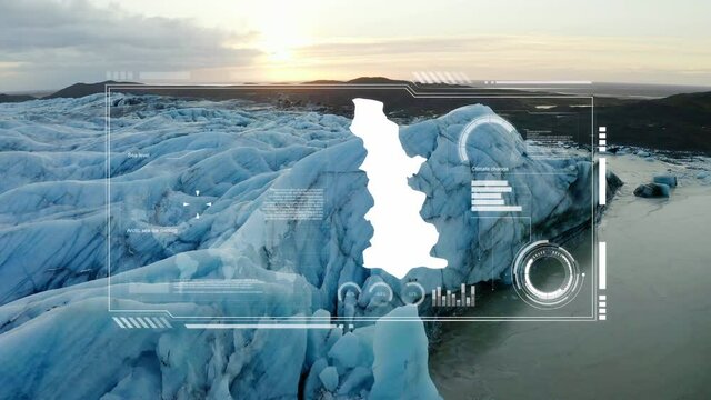 HUD screen with melting glacier and arctic ice data - 3d animation overlay - Global warming, Climate change
