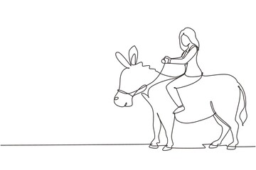 Fototapeta na wymiar Continuous one line drawing businesswoman riding donkey. Business woman rides donkey. Driving donkey. Goal achievement concept. Business competition. Single line design vector graphic illustration