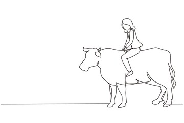 Fototapeta na wymiar Continuous one line drawing businesswoman riding cow symbol of success. Business metaphor concept, looking at the goal, achievement, leadership. Single line draw design vector graphic illustration