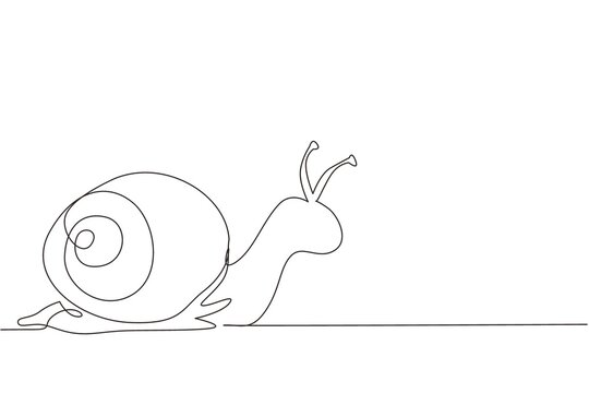 Single one line drawing common garden snail crawling. Snail animal mascot for food logo identity. High nutritious escargot healthy food concept. Continuous line draw design graphic vector illustration