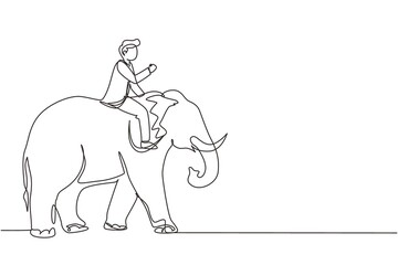 Single one line drawing businessman riding elephant symbol of success. Business metaphor concept, looking at the goal, achievement, leadership. Continuous line draw design graphic vector illustration