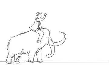 Single continuous line drawing businessman riding huge dangerous mammoth. Professional entrepreneur male character fight with predator. Successful business man. One line draw graphic design vector
