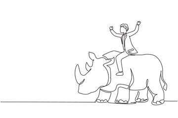 Single one line drawing businessman riding rhinoceros symbol of success. Business metaphor concept, looking at goal, achievement, leadership. Continuous line draw design graphic vector illustration