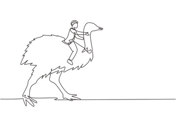 Continuous one line drawing businessman riding ostrich symbol of success. Business metaphor concept, looking at the goal, achievement, leadership. Single line draw design vector graphic illustration