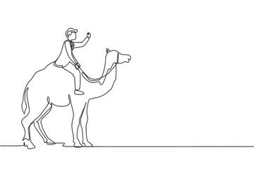 Fototapeta na wymiar Continuous one line drawing Arabian businessman riding camel. Investment, bullish stock market trading, rising bonds trend. Successful business man trader. Single line draw design vector graphic