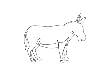 Fototapeta na wymiar Single one line drawing donkey cute farm animal. Friendly tame animals mascot for livestock. Helping farmers bring agricultural produce. Modern continuous line draw design graphic vector illustration