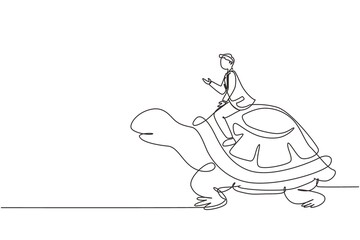 Continuous one line drawing businessman riding huge turtle. Slow movement to success, manager driving giant tortoise. Business competition concept. Single line draw design vector graphic illustration