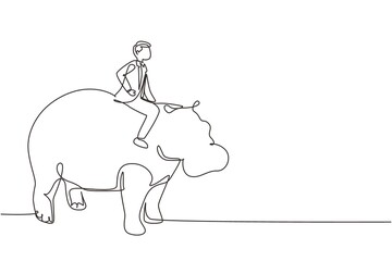 Single continuous line drawing businessman riding hippopotamus symbol of success. Business metaphor concept, looking at goal, achievement, leadership. One line draw graphic design vector illustration - obrazy, fototapety, plakaty