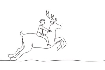 Continuous one line drawing businessman riding deer. Investment, bullish stock market trading, rising bonds trend. Successful businessman trader. Single line draw design vector graphic illustration