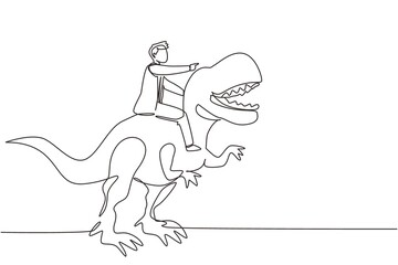 Single continuous line drawing brave businessman riding huge dangerous tyrannosaurus. Professional entrepreneur male character fight with predator. One line draw graphic design vector illustration