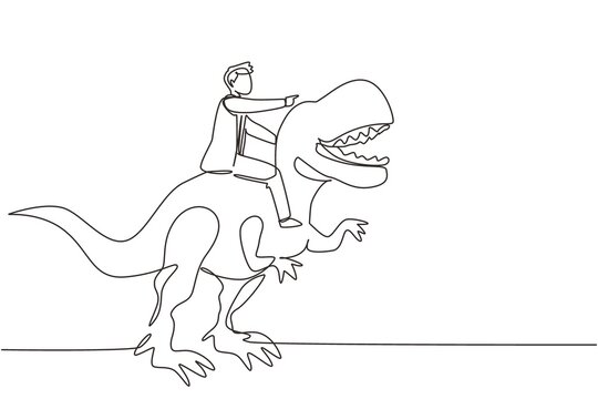 Single continuous line drawing brave businessman riding huge dangerous tyrannosaurus. Professional entrepreneur male character fight with predator. One line draw graphic design vector illustration