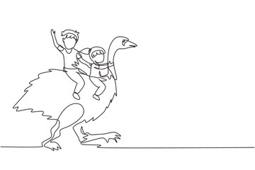 Continuous one line drawing happy little boy and girl riding cute ostrich together. Children sitting on back ostrich with holding its neck. Kid learning to ride ostrich. Single line draw design vector - obrazy, fototapety, plakaty