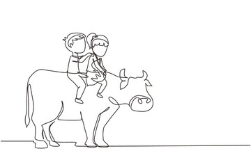 Single one line drawing happy little boy and girl riding cow together. Children sitting on back cow with saddle in ranch ground. Kids learning to ride cow. Continuous line draw design graphic vector