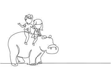 Continuous one line drawing happy little boy and girl riding hippo together. Children sitting on back hippopotamus in zoo. Kids learning to ride hippopotamus. Single line draw design vector graphic