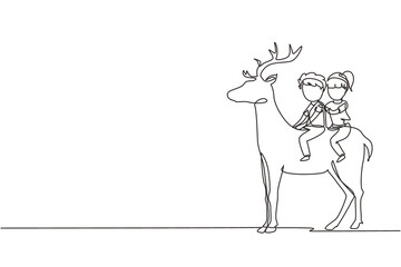 Fototapeta na wymiar Continuous one line drawing happy boy and girl riding deer together. Children sitting on back deer with saddle in ranch ground. Kids learning to ride reindeer. Single line draw design vector graphic