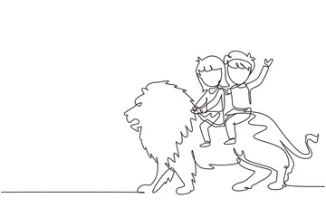Fototapeta na wymiar Continuous one line drawing little boy and girl riding lion together. Children sitting on back big lion at circus event. Kids learning to ride beast animal. Single line draw design vector graphic