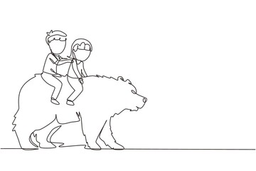 Fototapeta na wymiar Continuous one line drawing happy boy and girl riding brown grizzly bear together. Children sitting on back big bear at circus event. Kids learning to ride beast animal. Single line draw design vector