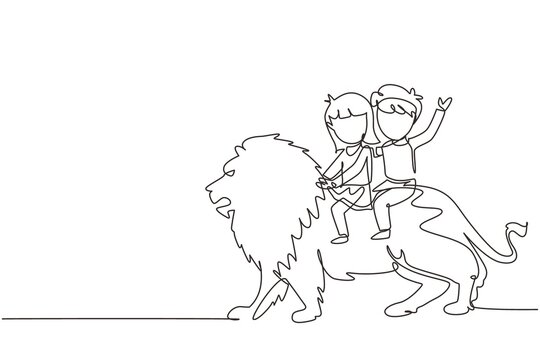 Continuous one line drawing little boy and girl riding lion together. Children sitting on back big lion at circus event. Kids learning to ride beast animal. Single line draw design vector graphic