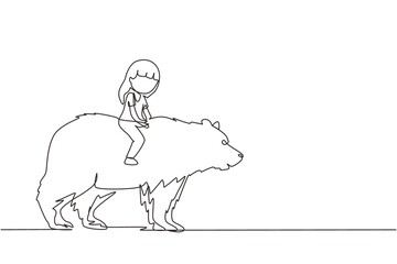 Single one line drawing happy little girl riding brown grizzly bear. Child sitting on back big bear at circus event. Kids learning to ride beast animal. Continuous line draw design graphic vector