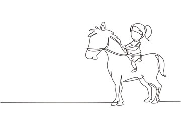 Single continuous line drawing happy cute girl riding cute horse. Child sitting on back horse with saddle in ranch park. Kids learning to ride horse. One line draw graphic design vector illustration