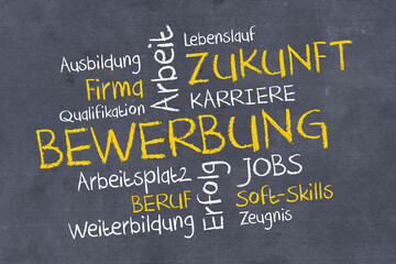 Tafel mit vielen Schlagworten zur Bewerbung, Ausbildung, Job, Karriere und Beruf