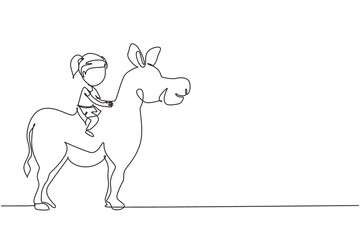 Single one line drawing happy cute girl riding cute donkey. Child sitting on back donkey with saddle in ranch park. Kid learning to ride donkey. Continuous line draw design graphic vector illustration