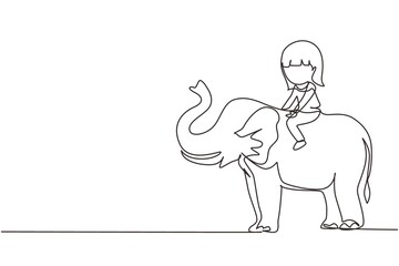 Single one line drawing happy little girl riding elephant. Child sitting on back elephant and travelling. Kids learning to ride elephant. Modern continuous line draw design graphic vector illustration