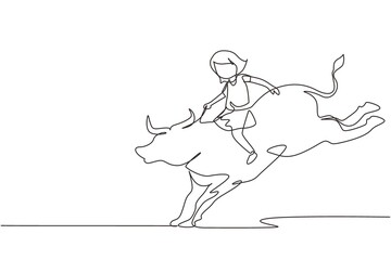 Continuous one line drawing happy cute kid girl riding bull. Child sitting on back bull with saddle in cowboy ranch. Kids learning to ride bull. Single line draw design vector graphic illustration